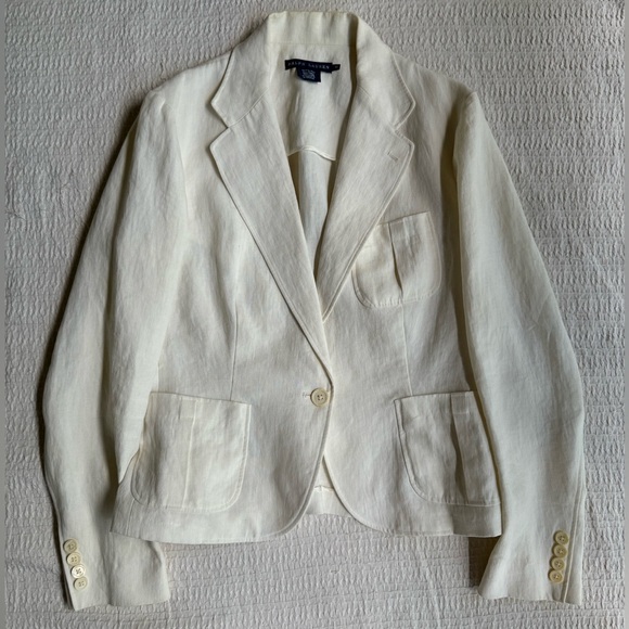 Vintage 90s Ralph Lauren Blue Label 100% White Linen Made in Italy Blazer Jacket - Picture 2 of 16